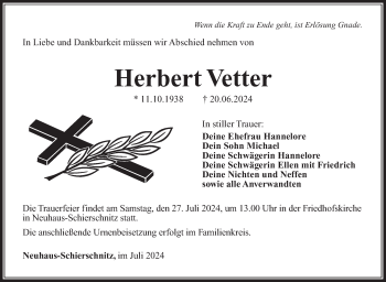 Traueranzeige von Herbert Vetter von Südthüringer Presse