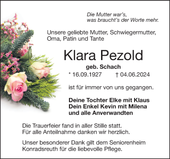 Traueranzeige von Klara Pezold von Frankenpost