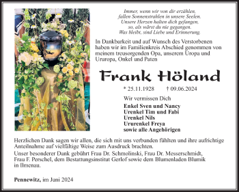 Traueranzeige von Frank Höland von Südthüringer Presse