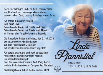 Traueranzeige von Linde Pfannstiel von Südthüringer Presse
