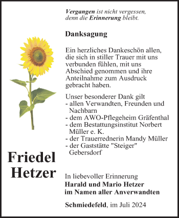 Traueranzeige von Friedel Hetzer von Südthüringer Presse