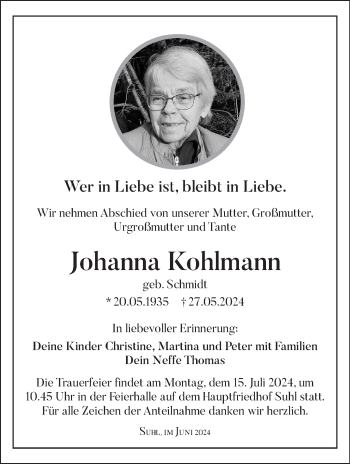 Traueranzeige von Johanna Kohlmann von Südthüringer Presse