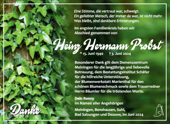 Traueranzeige von Heinz Probst von Südthüringer Presse