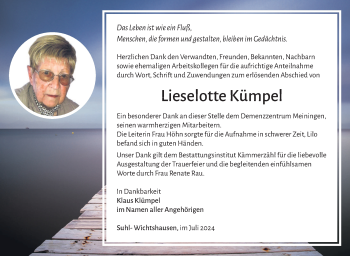 Traueranzeige von Lieselotte Kümpel von Südthüringer Presse