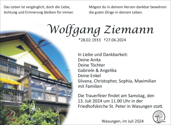 Traueranzeige von Wolfgang Ziemann von Südthüringer Presse