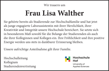 Traueranzeige von Lisa Walther von Frankenpost