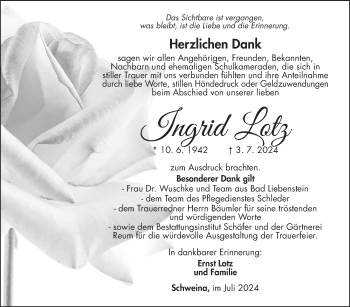 Traueranzeige von Ingrid Lotz von Südthüringer Presse