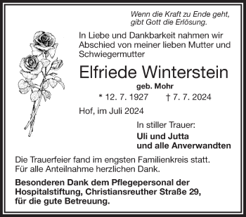 Traueranzeige von Elfriede Winterstein von Frankenpost