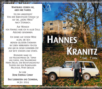 Traueranzeige von Hannes Kranitz von Südthüringer Presse
