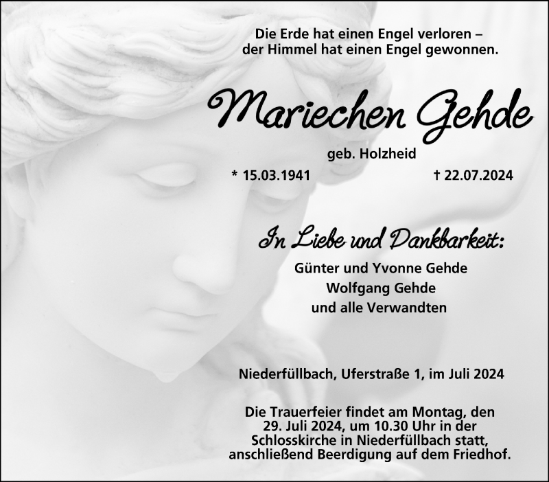  Traueranzeige für Mariechen Gehde vom 25.07.2024 aus Neue Presse Coburg