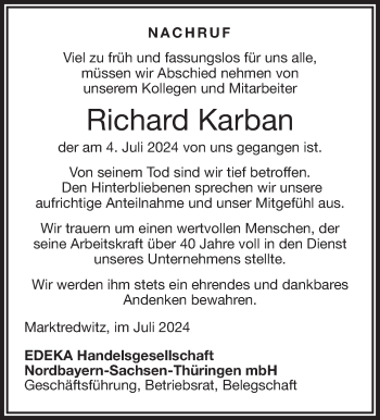 Traueranzeige von Richard Karban von Frankenpost