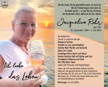 Traueranzeige von Jacqueline Rohr von Südthüringer Presse