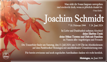 Traueranzeige von Joachim Schmidt von Südthüringer Presse