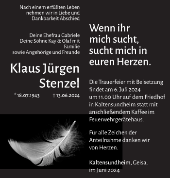 Traueranzeige von Klaus Stenzel von Südthüringer Presse