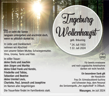 Traueranzeige von Ingeburg Wollenhaupt von Südthüringer Presse