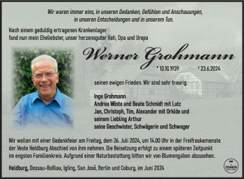 Traueranzeige von Werner Grohmann von Südthüringer Presse