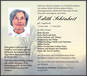 Traueranzeige von Edith Schönheit von Südthüringer Presse