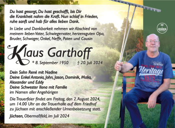 Traueranzeige von Klaus Gartho von Südthüringer Presse