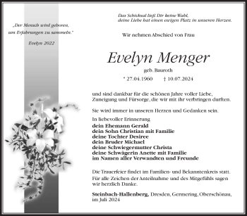 Traueranzeige von Evelyn Menger von Südthüringer Presse