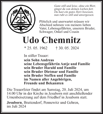 Traueranzeige von Udo Chemnitz von Südthüringer Presse