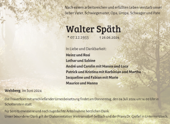 Traueranzeige von Walter Späth von Neue Presse Coburg