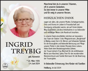 Traueranzeige von Ingrid Treybig von Südthüringer Presse