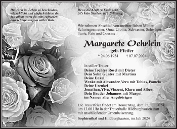 Traueranzeige von Margarete Oehrlein von Südthüringer Presse