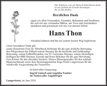 Traueranzeige von Hans Thon von Südthüringer Presse
