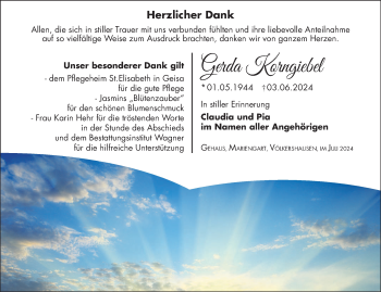 Traueranzeige von Gerda Korngiebel von Südthüringer Presse