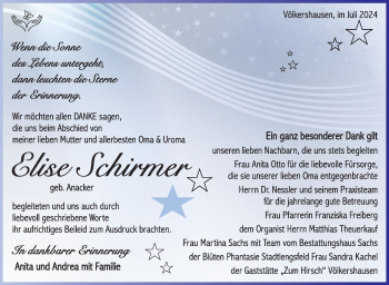 Traueranzeige von Elise Schirmer von Südthüringer Presse
