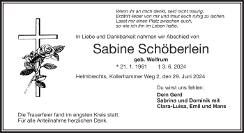 Traueranzeige von Sabine Schöberlein von Frankenpost