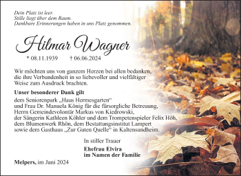Traueranzeige von Hilmar Wagner von Südthüringer Presse
