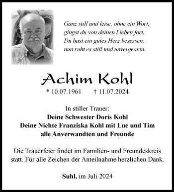 Traueranzeige von Achim Kohl von Südthüringer Presse