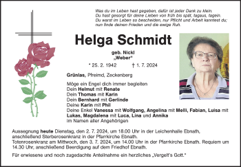 Traueranzeige von Helga Schmidt von Frankenpost