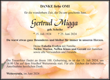 Traueranzeige von Gertrud Migga von Südthüringer Presse