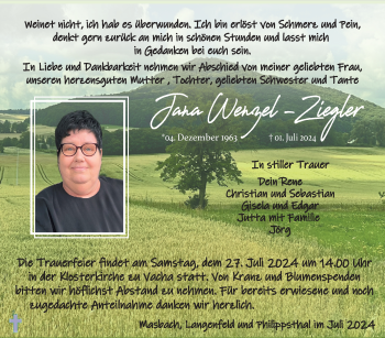 Traueranzeige von Jana Wenzel-Ziegler von Südthüringer Presse