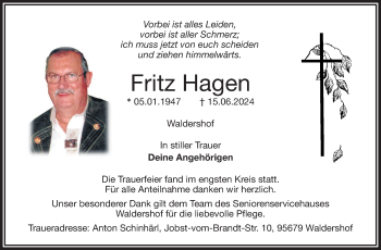 Traueranzeige von Fritz Hagen von Frankenpost