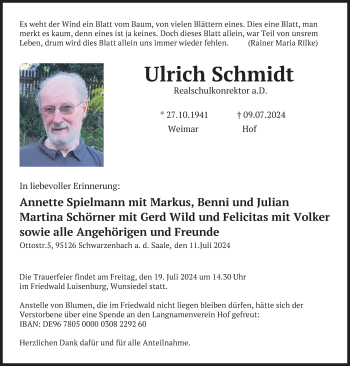 Traueranzeige von Ulrich Schmidt von Frankenpost
