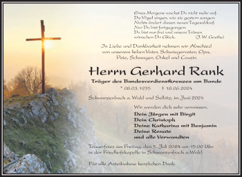 Traueranzeige von Gerhard Rank von Frankenpost