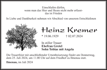Traueranzeige von Heinz Kremer von Südthüringer Presse