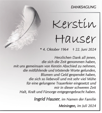 Traueranzeige von Kerstin Hauser von Südthüringer Presse