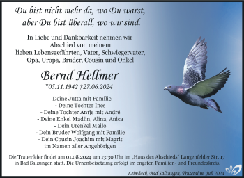 Traueranzeige von Bernd Hellmer von Südthüringer Presse