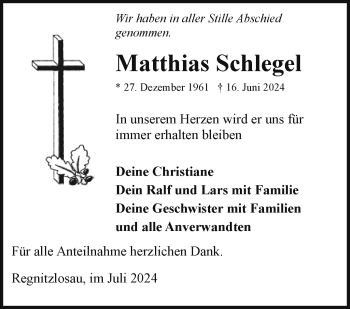 Traueranzeige von Matthias Schlegel von Frankenpost
