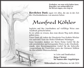 Traueranzeige von Manfred Köhler von Südthüringer Presse