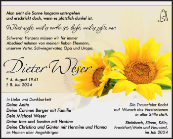 Traueranzeige von Dieter Weser von Südthüringer Presse