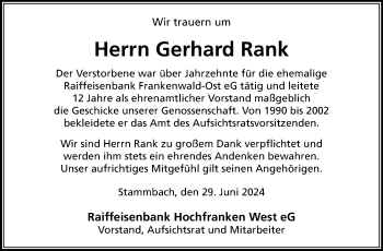 Traueranzeige von Gerhard Rank von Frankenpost