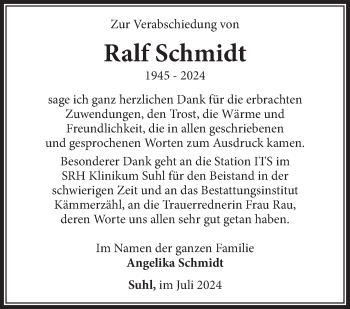 Traueranzeige von Ralf Schmidt von Südthüringer Presse
