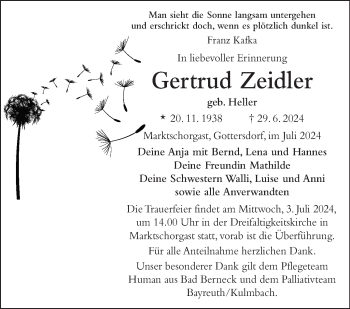Traueranzeige von Gertrud Zeidler von Frankenpost