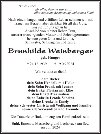 Traueranzeige von Brunhilde Weinberger von Südthüringer Presse