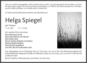 Traueranzeige von Helga Spiegel von Südthüringer Presse